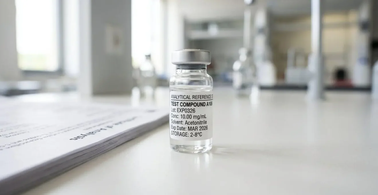 Close-up view of a sealed analytical reference standard vial on a clean laboratory surface with a Certificate of Analysis document partially visible beside it