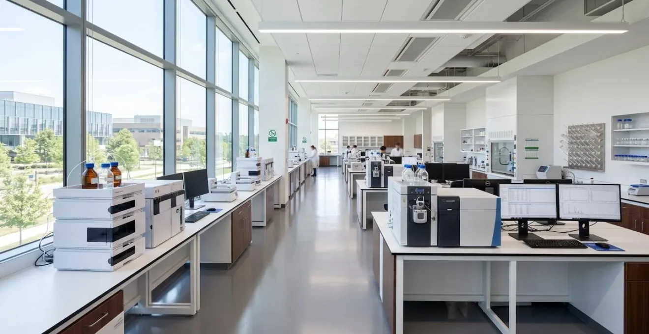 Wide-angle view of a contemporary pharmaceutical quality control laboratory interior showing analytical instruments including HPLC and LC-MS systems in a bright, clean environment