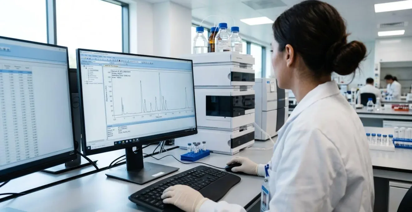 Laboratory scientist reviewing HPLC chromatography data on a modern computer monitor in a contemporary analytical laboratory