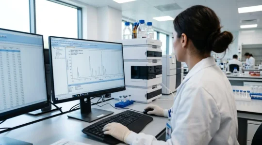 Laboratory scientist reviewing HPLC chromatography data on a modern computer monitor in a contemporary analytical laboratory